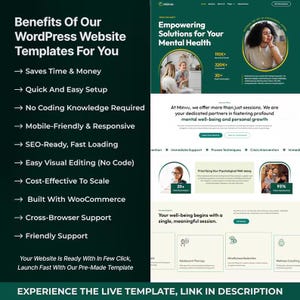 May include: A website template advertisement with the text "Benefits Of Our WordPress Website Templates For You". The ad highlights features like easy setup, SEO-readiness, and mobile-friendliness. The website also offers solutions for mental health.