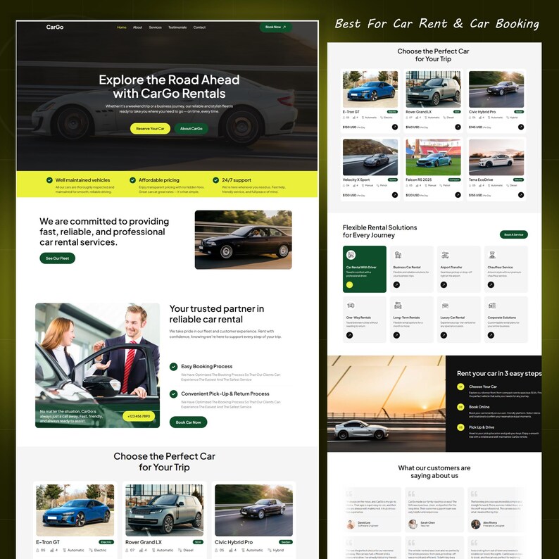May include: A website design for CarGo Rentals, showcasing a white car and various vehicle models. The site promotes services such as well-maintained vehicles, affordable pricing, and 24/7 support. It also includes customer testimonials and a car rental booking process.