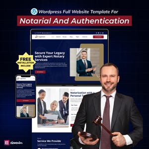 Könnte beinhalten: Eine Website-Vorlage für Notar- und Authentifizierungsdienste. Das Design zeigt einen Mann im Anzug mit einem Hammer, mit Website-Mockups auf einem Tablet und Telefon. Der Text enthält "Secure Your Legacy with Expert Notary Services."