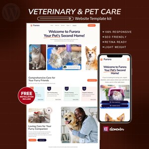 Könnte beinhalten: Ein Website-Vorlagen-Kit für Tierarztpraxen und Tierpflege. Das Design zeigt ein Website-Layout mit Bildern von Haustieren, darunter Katzen und Hunde, und ein Handy-Mockup. Der Text enthält "Willkommen bei Furora Ihrem zweiten Zuhause für Haustiere!"