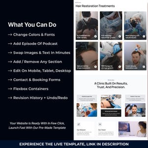 May include: A website template showcasing hair restoration treatments. The page features sections on FUT, FUE, beard shaping, and PRP therapy. Text includes "What You Can Do" and "A Clinic Built On Results, Trust, And Precision."