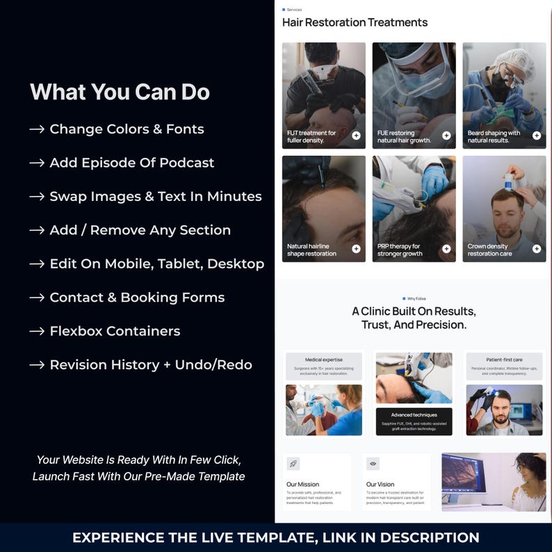 May include: A website template showcasing hair restoration treatments. The page features sections on FUT, FUE, beard shaping, and PRP therapy. Text includes "What You Can Do" and "A Clinic Built On Results, Trust, And Precision."