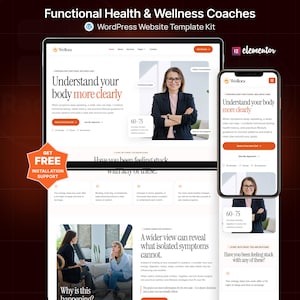 Peut inclure: Un kit de modèle de site web WordPress pour coachs en santé et bien-être, affichant une interface de bureau et mobile. Le design inclut le texte Wellora, Elementor et Get Free Installation Support sur un fond sombre.