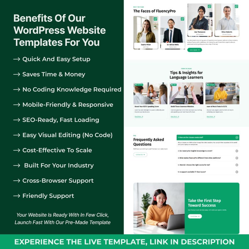 May include: A website template advertisement with a dark green background. The text highlights benefits like easy setup, SEO-readiness, and mobile-friendliness. Images showcase language learning tips and website examples. The call to action is to experience the live template.