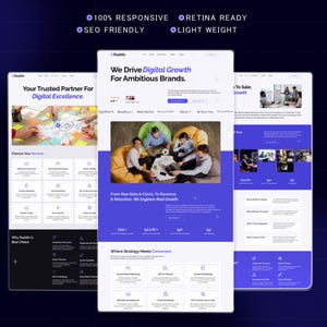 Puede incluir: Tres maquetas de sitios web en blanco y morado. El texto incluye "100% RESPONSIVE", "SEO FRIENDLY", "We Drive Digital Growth" y "Your Trusted Partner For Digital Excellence."