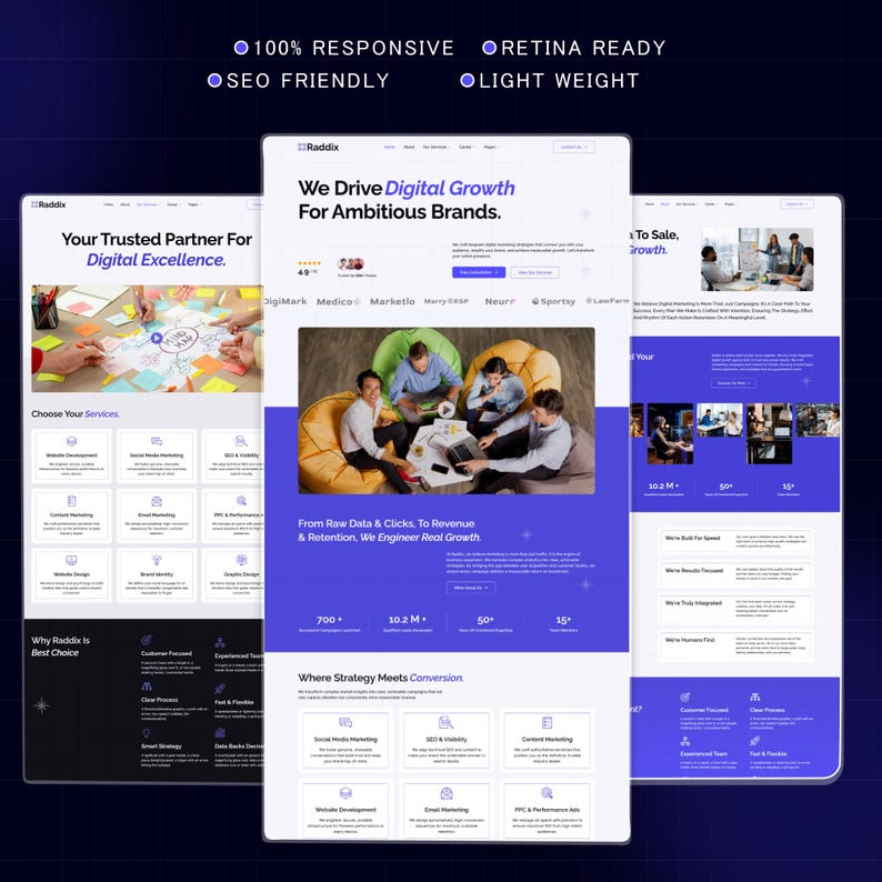 Puede incluir: Tres maquetas de sitios web en blanco y morado. El texto incluye "100% RESPONSIVE", "SEO FRIENDLY", "We Drive Digital Growth" y "Your Trusted Partner For Digital Excellence."