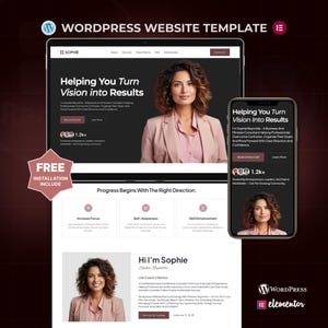 Pode incluir: Um modelo de site WordPress exibido em um laptop e smartphone. O modelo apresenta uma mulher em um blazer rosa com o texto "Helping You Turn Vision into Results". O design inclui os logotipos do WordPress e Elementor.