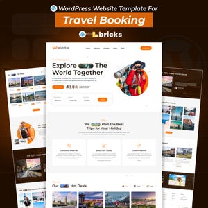 Puede incluir: Plantilla de sitio web para reservas de viajes, con un diseño limpio con acentos naranjas y blancos. El texto incluye "Explora el mundo juntos" y "Planifica los mejores viajes para tus vacaciones".