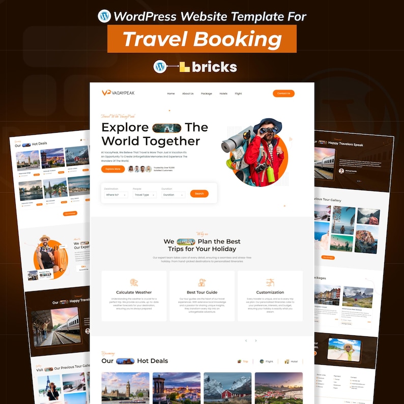 May include: A website template for travel booking, featuring a clean design with orange and white accents. The design includes the text "Explore The World Together" and "Plan the Best Trips for Your Holiday."