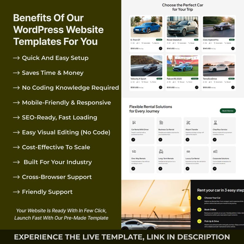 May include: A website template advert in dark green and white, showcasing features like quick setup and SEO optimisation. Images of cars and rental services are shown. The bottom banner states, "EXPERIENCE THE LIVE TEMPLATE, LINK IN DESCRIPTION."