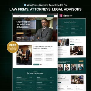 Puede incluir: Un kit de plantilla de sitio web para despachos de abogados, abogados y asesores legales. El diseño presenta una combinación de colores verde oscuro y blanco con secciones para soporte legal, áreas de práctica y perfiles de abogados. El texto incluye "Legal Support for Individuals & Businesses".