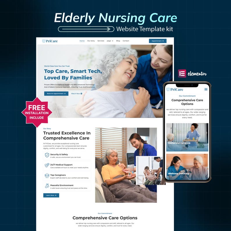 Puede incluir: Un kit de plantilla de sitio web para el cuidado de enfermer&iacute;a de ancianos, que presenta un dise&ntilde;o de sitio web con el texto "Top Care, Smart Tech, Loved By Families". El dise&ntilde;o incluye im&aacute;genes de cuidado de ancianos y una maqueta de tel&eacute;fono m&oacute;vil.