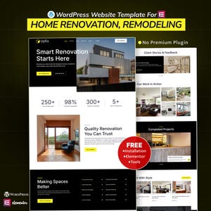 May include: A website template for home renovation and remodeling, showcasing a modern house design. The design includes sections for client stories, completed projects, and a call to action. The template highlights the number of projects completed and years of experience.
