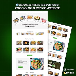 May include: A website template kit for a food blog and recipe website. The design features a clean, modern layout with images of various dishes. The text includes "Your Kitchen Companion for Every Meal" and "Cookary Favorites."