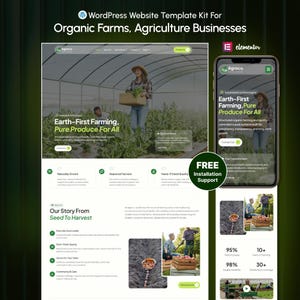 Puede incluir: Un kit de plantilla de sitio web para granjas orgánicas y negocios agrícolas. El diseño presenta una vista de escritorio y móvil, mostrando el diseño y el contenido del sitio web. La plantilla incluye secciones para 'Earth-First Farming' y 'Our Story From Seed To Harvest'.