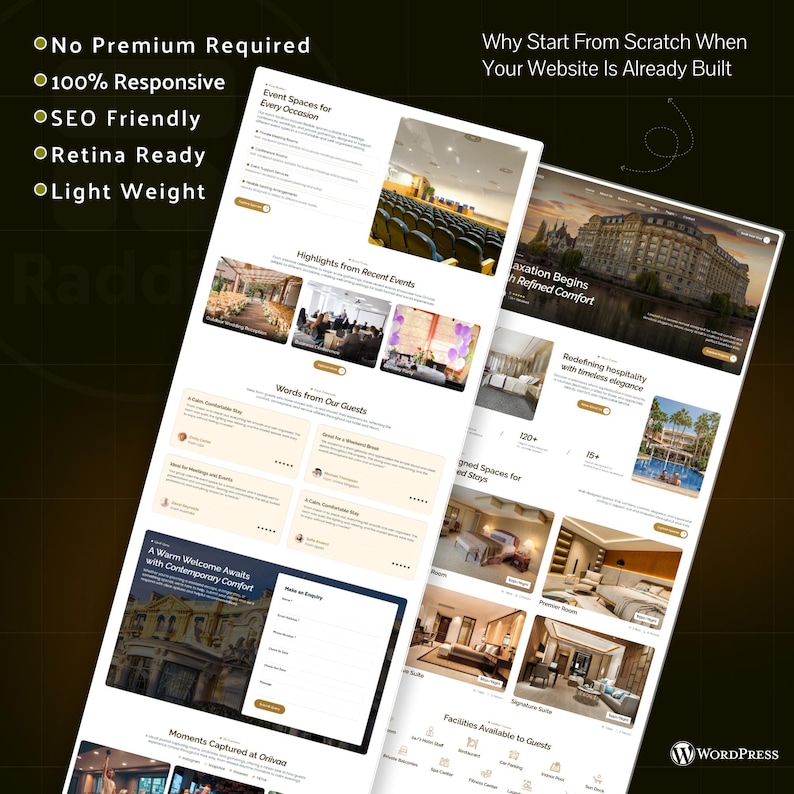May include: A website design mockup with a dark background. The website displays event spaces, guest reviews, and hotel room images. Text includes "No Premium Required," "100% Responsive," and "SEO Friendly."
