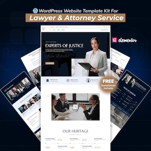 Op de afbeelding: Een WordPress website template kit voor advocaten- en advocatendiensten. Het ontwerp heeft een donkerblauw en wit kleurenschema. De afbeelding bevat website-mockups en de tekst "EXPERTS OF JUSTICE".