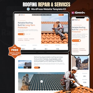 May include: A WordPress website template kit for roofing repair and services titled Roofhub. The design features a desktop and mobile interface displaying a worker on a tiled roof, orange call-to-action buttons, and text about reliable roofing.