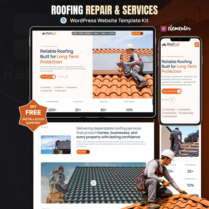 May include: A WordPress website template kit for roofing repair and services titled Roofhub. The design features a desktop and mobile interface displaying a worker on a tiled roof, orange call-to-action buttons, and text about reliable roofing.