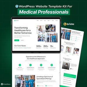 Peut inclure: Kit de modèles de sites Web WordPress pour les professionnels de la santé. L'image présente une tablette affichant un site Web avec le texte « Transformer les soins de santé pour un avenir meilleur ». D'autres pages et graphiques sont également affichés. Le kit comprend 500+ médecins experts et 350+ clients satisfaits.