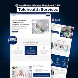 Op de afbeelding: Een website templates kit voor Telehealth Services. Het ontwerp bevat een homepage met de tekst "Uw toegangspoort tot telezorg, altijd en overal" en een sectie voor diensten. De template bevat ook een sectie voor specialisten.