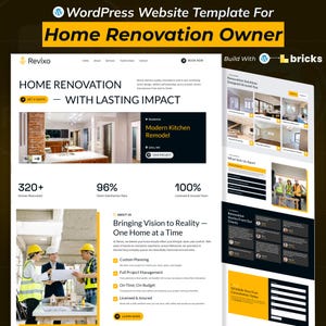 Puede incluir: Una plantilla de sitio web para propietarios de renovación de viviendas. El diseño presenta un diseño limpio con secciones para renovación de viviendas, remodelación de cocina moderna y satisfacción del cliente. El sitio web incluye el texto "Bringing Vision to Reality - One Home at a Time."