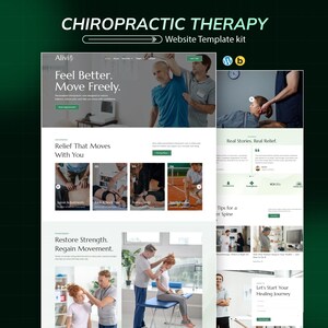 May include: A website template kit for chiropractic therapy, with the text "CHIROPRACTIC THERAPY" and "Website Template kit". The design includes images of chiropractic treatments and the phrases "Feel Better. Move Freely.", "Relief That Moves With You", and "Restore Strength. Regain Movement."