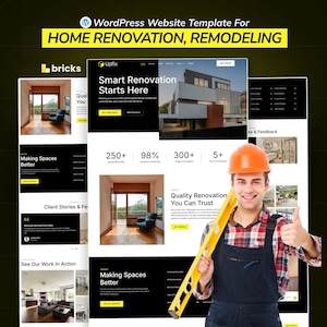Puede incluir: Una plantilla de sitio web para la renovación y remodelación del hogar. El diseño presenta a un trabajador de la construcción sonriente con un casco naranja sosteniendo un nivel. La plantilla incluye maquetas de sitios web con texto como "Smart Renovation Starts Here."