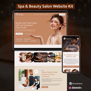 Puede incluir: Un kit de sitio web para un spa y salón de belleza, que presenta una tableta y un teléfono inteligente que muestran el diseño del sitio web. La tableta muestra a una mujer con piel radiante, y el teléfono muestra un tratamiento de masaje. El kit incluye el texto "Spa & Beauty Salon Website Kit".