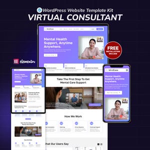 May include: A digital mockup of a WordPress website template kit for a virtual consultant. The design features a website interface on a tablet, laptop, and smartphone, with the text "Mental Health Support, Anytime Anywhere."