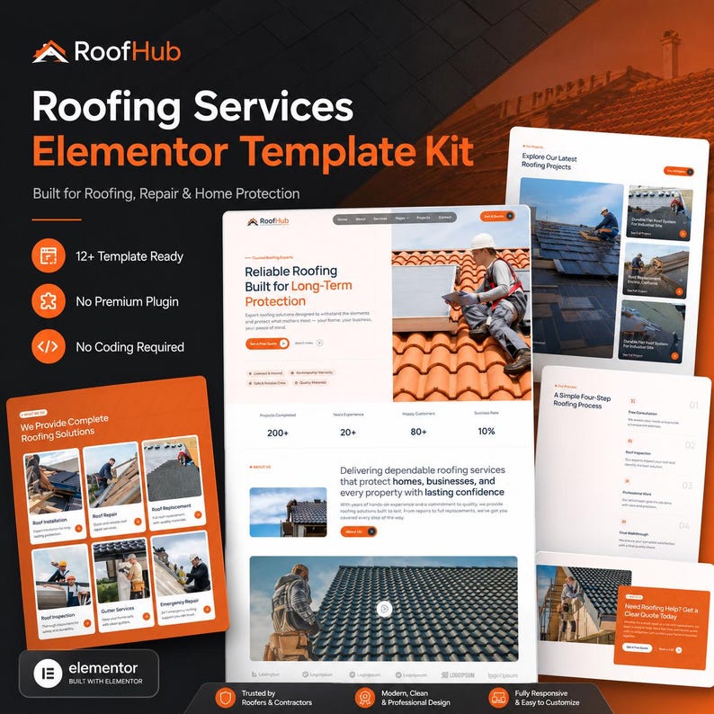 May include: A digital marketing display for the RoofHub Elementor Template Kit, featuring multiple web page layouts for roofing services. The design includes orange and white text, icons, and photographs of roofers working on residential buildings.