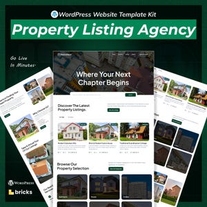 K&ouml;nnte beinhalten: Ein Website-Template-Kit f&uuml;r eine Immobilienagentur. Das Design zeigt einen gr&uuml;nen Header mit dem Text "Property Listing Agency". Die Website pr&auml;sentiert Immobilienangebote mit Bildern von H&auml;usern und Wohnungen. Der Text "Where Your Next Chapter Begins" ist ebenfalls sichtbar.