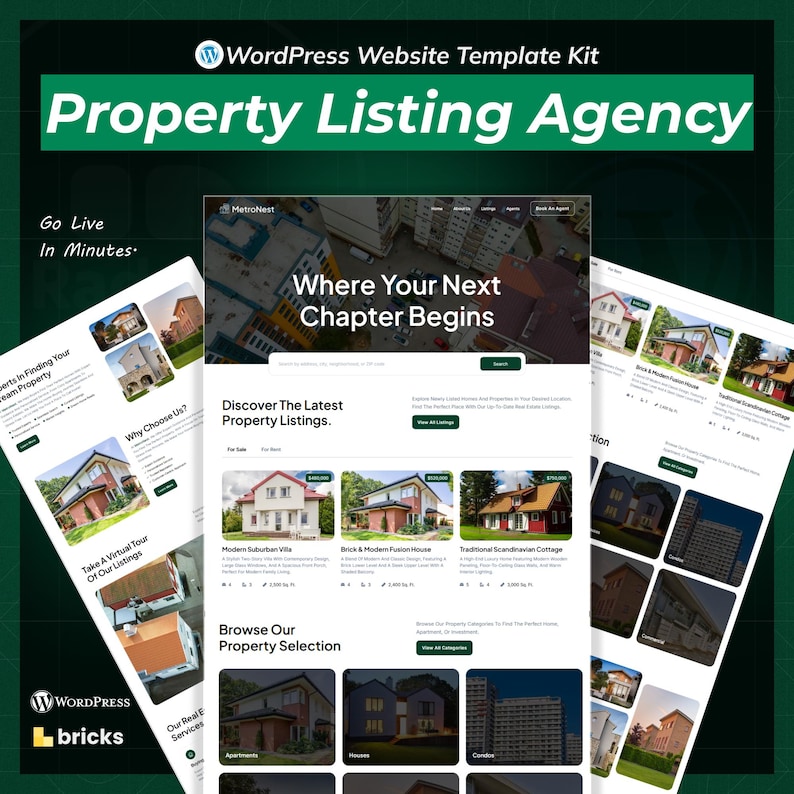 K&ouml;nnte beinhalten: Ein Website-Template-Kit f&uuml;r eine Immobilienagentur. Das Design zeigt einen gr&uuml;nen Header mit dem Text "Property Listing Agency". Die Website pr&auml;sentiert Immobilienangebote mit Bildern von H&auml;usern und Wohnungen. Der Text "Where Your Next Chapter Begins" ist ebenfalls sichtbar.
