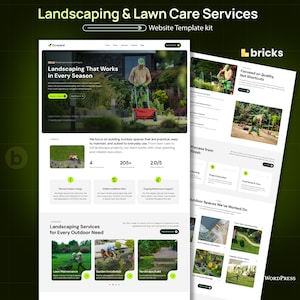 May include: A website template kit for Landscaping & Lawn Care Services featuring a white layout with green accents. The design includes sections for services, project galleries, and company information, showcasing images of workers using lawn equipment.