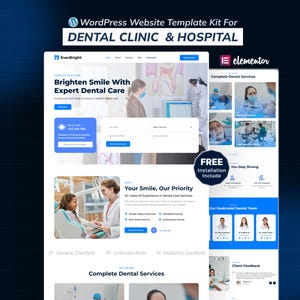 Può includere: Un kit di modelli di siti web per una clinica dentistica e un ospedale. Il design presenta una combinazione di colori blu e bianco con sezioni per servizi, informazioni sui pazienti e dettagli del team. Il testo include "Brighten Smile With Expert Dental Care."