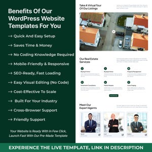 K&ouml;nnte beinhalten: Werbung f&uuml;r WordPress-Website-Vorlagen, die Vorteile wie schnelles Setup, SEO-Bereitschaft und mobile Reaktionsf&auml;higkeit hervorhebt. Das Bild zeigt auch Immobilien-Dienstleistungen und stellt Experten vor, mit einem Handlungsaufruf.