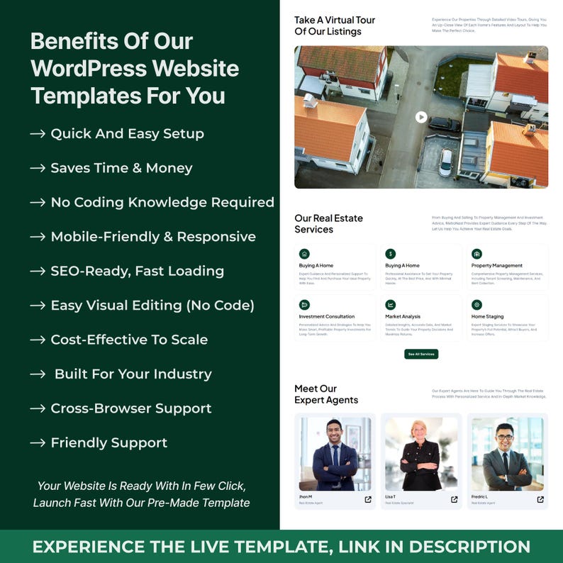 K&ouml;nnte beinhalten: Werbung f&uuml;r WordPress-Website-Vorlagen, die Vorteile wie schnelles Setup, SEO-Bereitschaft und mobile Reaktionsf&auml;higkeit hervorhebt. Das Bild zeigt auch Immobilien-Dienstleistungen und stellt Experten vor, mit einem Handlungsaufruf.