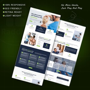 May include: Two website mockups with the text "Experience Relief and Wellness with SpineCare" and "Offering Compassionate Care and Advanced Treatment." The websites feature images of medical professionals and patients. Text includes "100% Responsive," "SEO Friendly," and "Retina Ready."