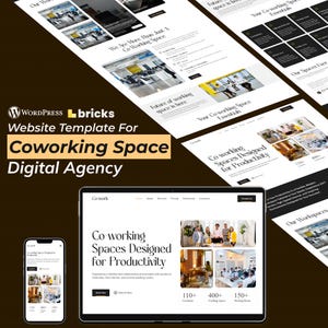 Op de afbeelding: Een website template voor een coworking space digital agency, weergegeven op een tablet en smartphone. Het ontwerp heeft een strakke, moderne lay-out met afbeeldingen en tekst. De tekst bevat "Coworking Spaces Designed for Productivity" en "110+ Locations".