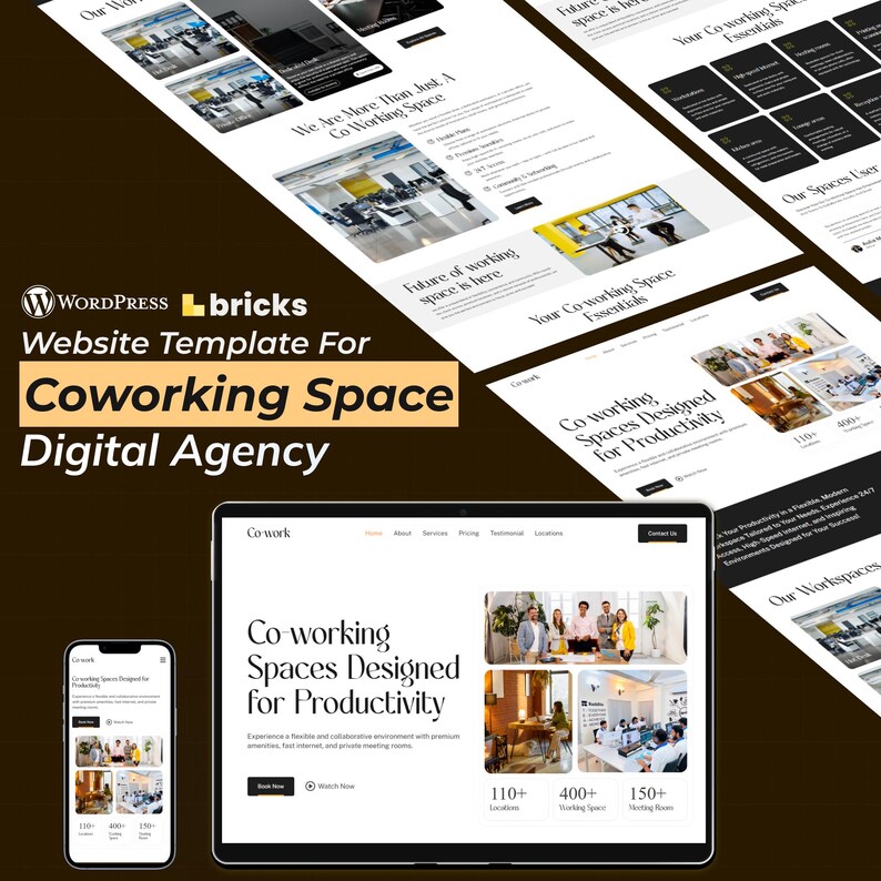Op de afbeelding: Een website template voor een coworking space digital agency, weergegeven op een tablet en smartphone. Het ontwerp heeft een strakke, moderne lay-out met afbeeldingen en tekst. De tekst bevat "Coworking Spaces Designed for Productivity" en "110+ Locations".