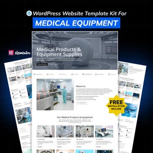 Op de afbeelding: Een website templates kit voor medische apparatuur, met een modern design. De hoofdpagina toont medische producten en apparatuur. Het ontwerp bevat secties voor 'Over ons' en 'Onze medische producten & apparatuur'.