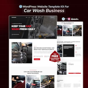Könnte beinhalten: Ein Website-Template-Kit für ein Autowaschgeschäft mit einem modernen Design. Das Design umfasst Abschnitte für Dienstleistungen, Pakete und Kontaktinformationen. Der Text enthält "Keep Your Car Wash Fresh Daily" und "Get Free Installation With This".