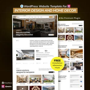 Op de afbeelding: Een website template voor interieurontwerp en home decor. Het ontwerp heeft een strakke lay-out met afbeeldingen van interieurruimtes en de tekst "Beautiful Homes, Elegantly Decorated". Bevat een "FREE" sectie met installatie, Elementor en tools.