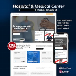 Peut inclure: Un kit de modèle de site web pour un hôpital et un centre médical. La conception comprend une mise en page de site web sur un écran d'ordinateur et un téléphone portable, présentant des fonctionnalités telles que la réactivité et le référencement.