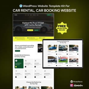 May include: A website template kit for car rental and car booking. The design includes a website mockup with a car image and the text "Explore the Road Ahead with CarGo Rentals". A tablet displays car options. The text "FREE INSTALLATION INCLUDE" is also visible.