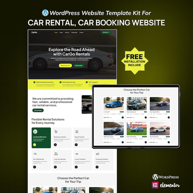 May include: A WordPress website template kit for car rental and car booking. The design features a website mockup with a car image and the text "Explore the Road Ahead with CarGo Rentals". A tablet displays car options. The text "FREE INSTALLATION INCLUDE" is also visible.