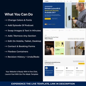 May include: A website design showcasing locksmith services. The design includes sections on services, features, and a call to action. Text includes "Reliable Locksmith & Smart Lock Services, Available 24/7" and "Experience You Can Trust When It Matters."