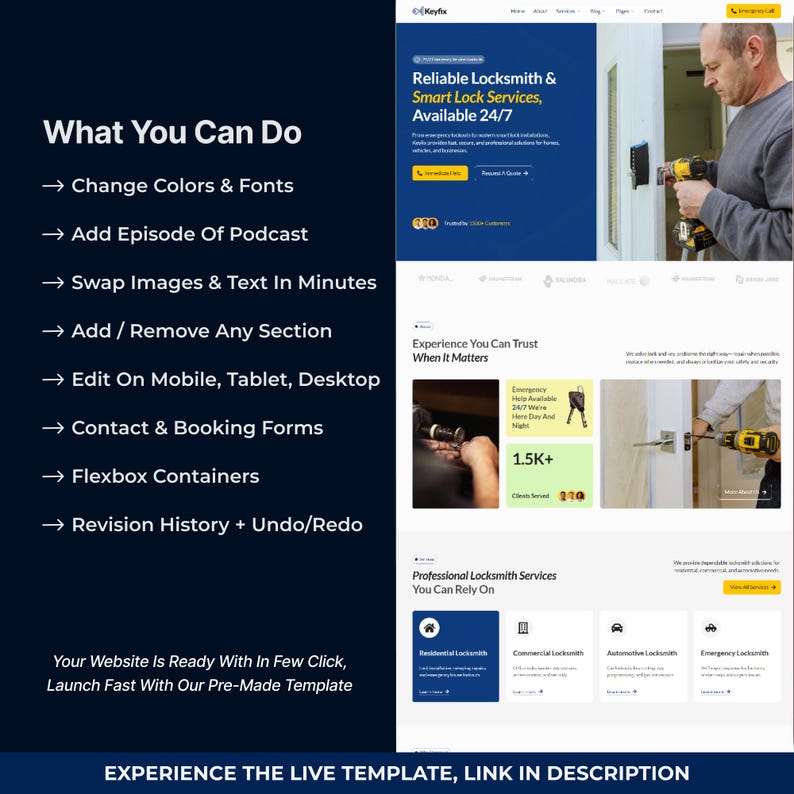 May include: A website design showcasing locksmith services. The design includes sections on services, features, and a call to action. Text includes "Reliable Locksmith & Smart Lock Services, Available 24/7" and "Experience You Can Trust When It Matters."