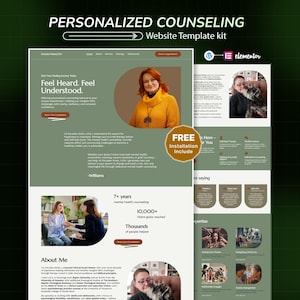 May include: A website template kit for personalized counselling services. The design features a green and white colour scheme with images of a woman, a cat, and people in counselling sessions. Text includes "Feel Heard. Feel Understood."