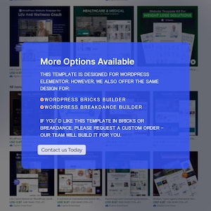 Puede incluir: Presentaci&oacute;n de productos digitales con plantillas de sitios web. Una ventana emergente azul indica "M&aacute;s opciones disponibles" y enumera opciones de dise&ntilde;o alternativas para WordPress Bricks Builder y Breakdance Builder. El bot&oacute;n "Cont&aacute;ctenos hoy" es visible.